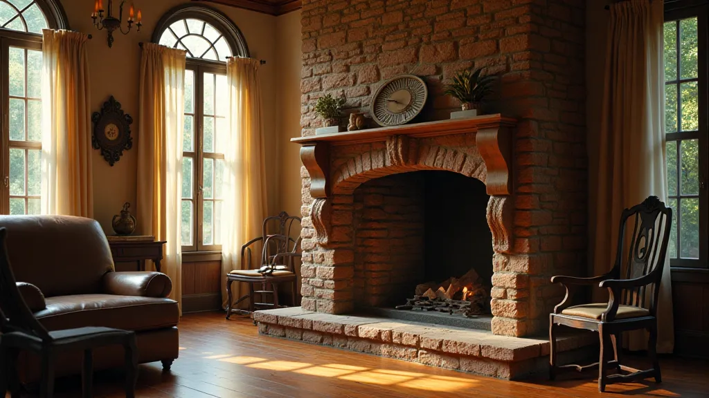 Interior of a Carolinian Colonial home, showcasing a large brick fireplace with decorative mantelpiece.