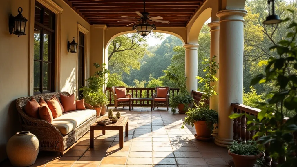 A Carolinian Colonial house with a wide piazza extending across the front. People are sitting and relaxing on the piazza.