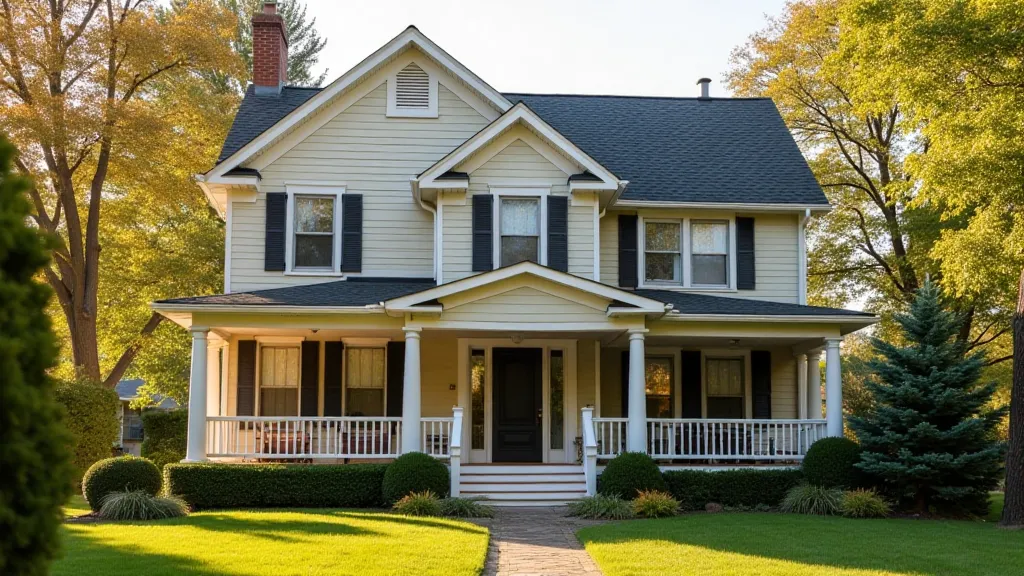 A classic Four Square house with a symmetrical facade and gabled roof.