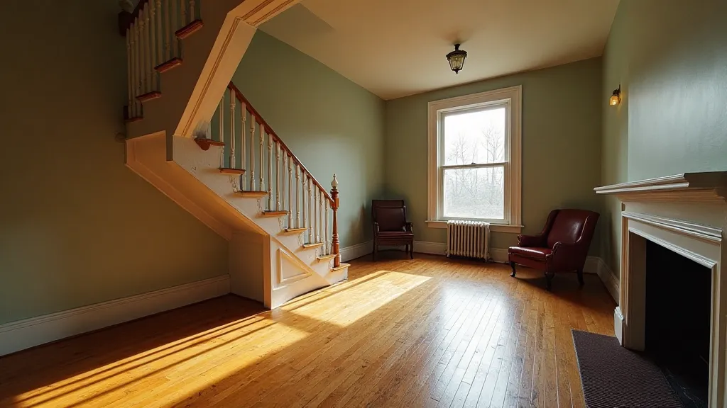 Interior of a Four Square house showing a wide staircase and original woodwork.