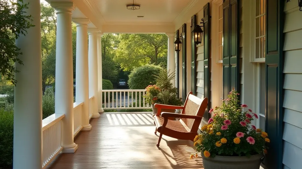 A front porch of a Four Square house with a swing and potted plants.