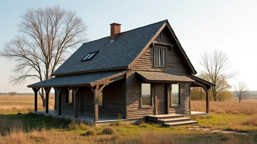 An early Midwestern farmhouse with a simple gable roof and a small porch.