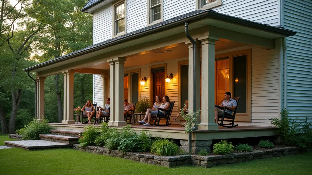 A Midwestern farmhouse with a large wraparound porch, showing a family sitting on rocking chairs.