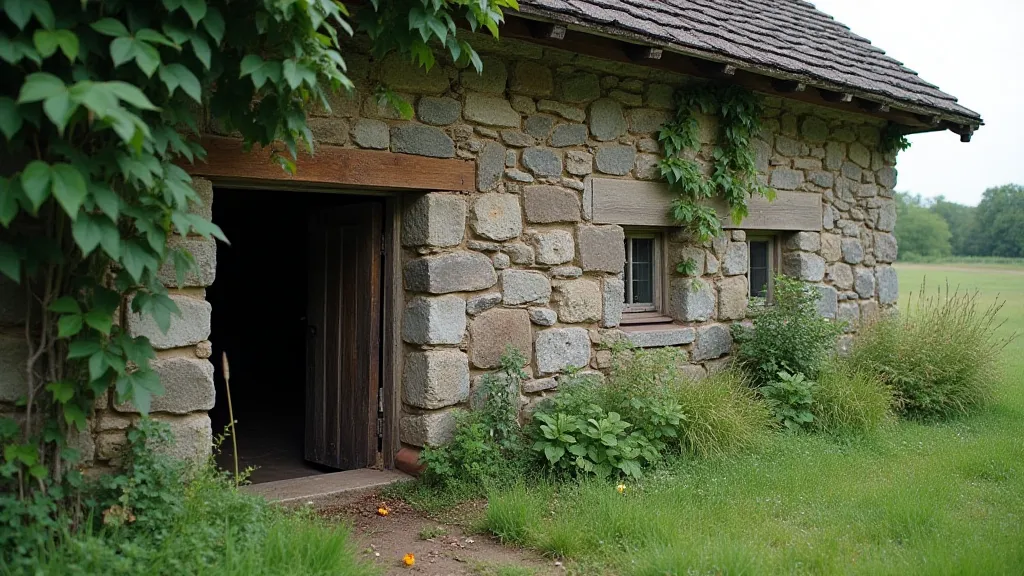 A view of a root cellar entrance built into the side of a Midwestern farmhouse.