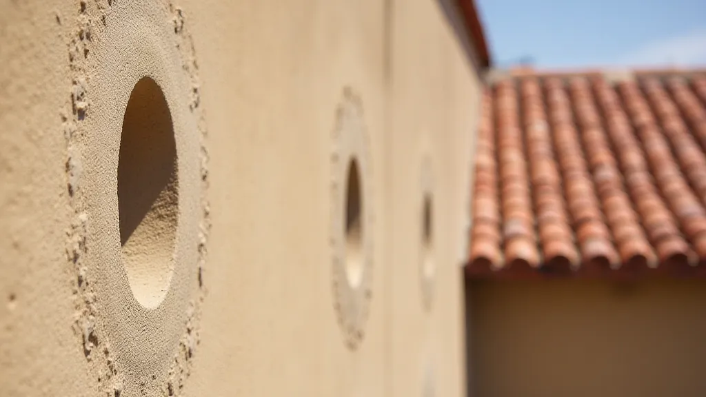 Detail of stucco and tile roof on Mission building