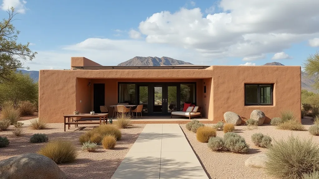 Modern adobe house with solar panels