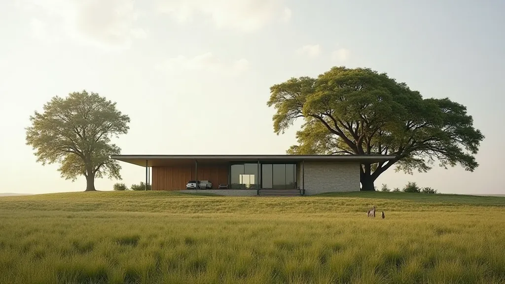 A wide shot of a typical Prairie School home, blending seamlessly into the surrounding landscape.