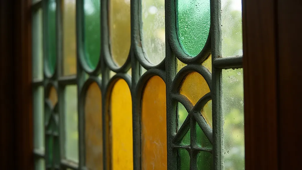 Close-up view of Prairie School windows featuring a geometric art glass pattern.
