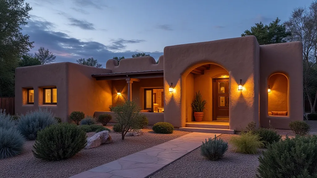 Pueblo Revival home at dusk
