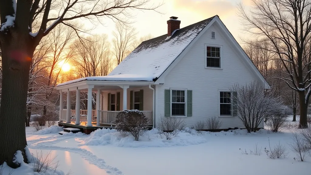 A classic Saltbox house with a long, sloping rear roofline and clapboard siding.