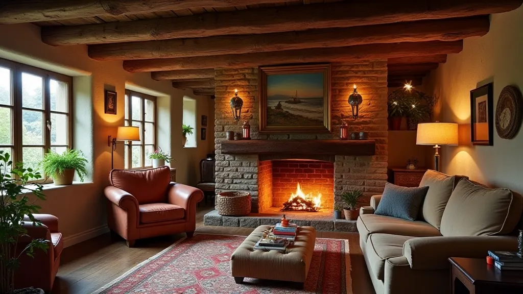 Interior of a Saltbox home featuring a brick fireplace and exposed timber beams.