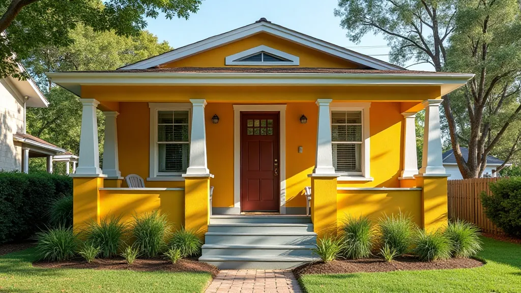 Exterior view of a brightly colored shotgun house with a wide front porch.