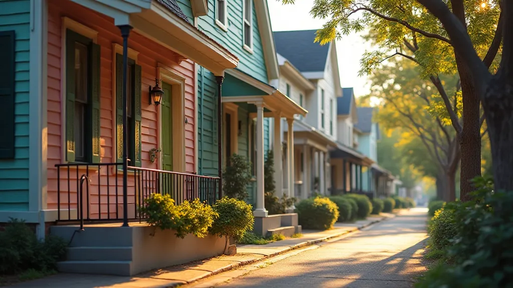 A street scene showing several shotgun houses in a historic neighborhood.